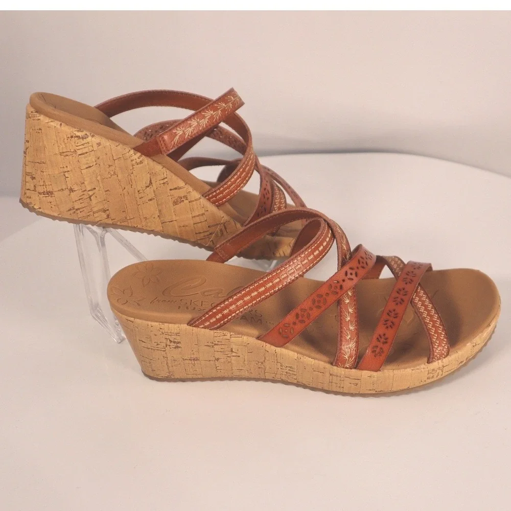 Skechers Cali Luxe Foam Wedge Sandals leather tangerine Size 7.5